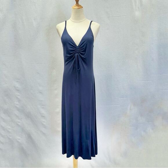 Lou & Grey Signaturesoft navy stretch jersey knit midi dress size medium - Picture 1 of 14